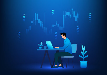 A young businessman sits and works on a table and has a laptop. On the back is a stock graph. It shows working to make the business grow and make a profit.のイラスト素材