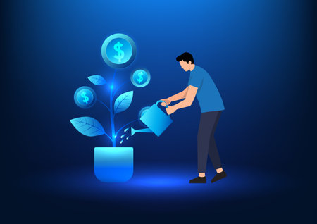 Financial technology, man watering plants that yield coins, representing an investment in accumulating cryptocurrencies to grow and spend in the future Cryptocurrency based on the blockchain systemのイラスト素材