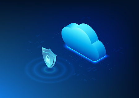 Cloud technology in front of the shield represents the storage of data in the cloud. It is a system that maintains security to prevent data theft. By confirming the code to gain access.のイラスト素材