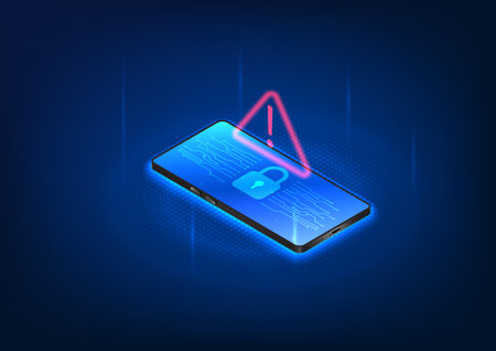 Smartphone technology that has a cyber protection system to prevent data from being stolen and damaged. Mobile screen lock with alert symbol is being hacked. Vector illustrationのイラスト素材