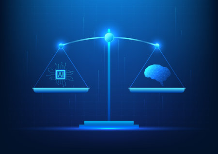 Weighing scale technology artificial intelligence scale with the human brain It shows how AI and the human brain work with similar performance.のイラスト素材