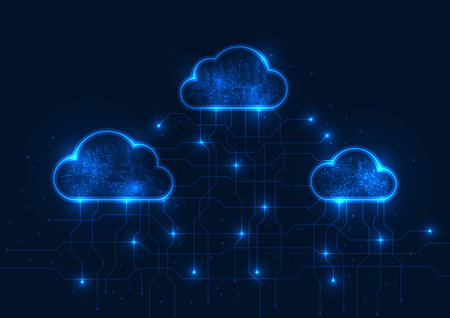 Cloud technology background cloud storage system cyber processing together via internet signals Clouds connected by technological circuitsのイラスト素材