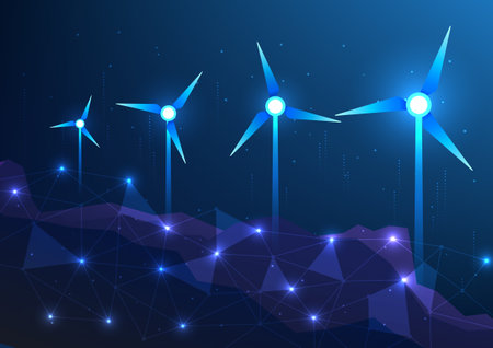 Renewable energy technology obtained from wind turbines is wind energy that produces electricity into the home. industrial factory It is clean energy that comes from nature, wind turbines with lines.のイラスト素材