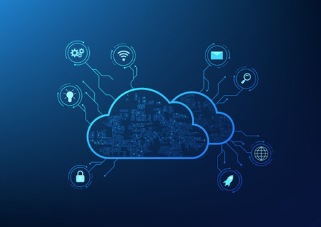 Cloud technology cloud storage Compilation of cyber via internet signal Overlapping clouds connected...