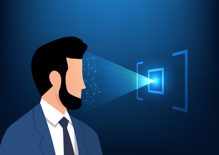 Cyber security technology Access to information that requires a person to identify themselves to important information by displaying their facial features. A man having his face scanned beam of lightのイラスト素材