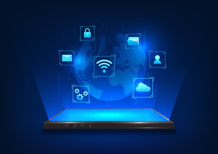 Smartphone technology background Mobile phone that projects hologram images, Earth with hi-tech icons, Shows the work of searching for high-tech digital information in network.Vector illustrationのイラスト素材