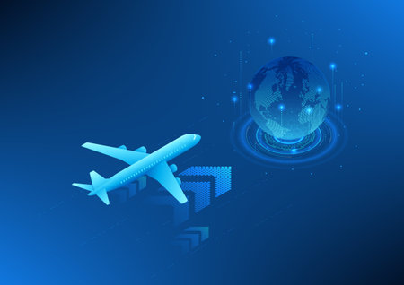 Transport and logistics business technology, airplane above arrow Pointing to the globe, concept of cargo aviation Using technology to help manage the transportation system, Isometric imageのイラスト素材
