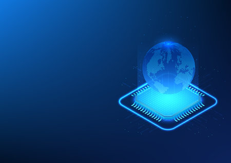 Microchip technology background with data transmission lines Above is the world, concept of...