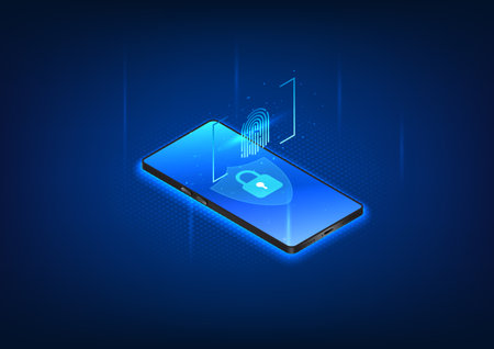 Cybersecurity technology Smartphones with screen security have a fingerprint scanning lock. Mobile phone that protects against theft and cyber theft, isometric illustration Vector illustrationのイラスト素材