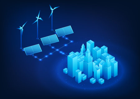 Renewable energy technology Generating wind and solar energy into smart cities is electricity that does not create pollution. clean energy A city that manages resources for its people. Isometricのイラスト素材