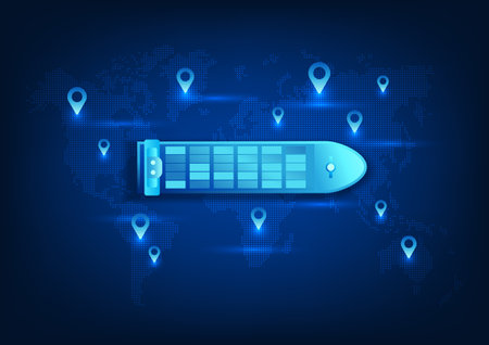Transportation and logistics technology Worldwide shipping using ships and AI technology To identify locations and help manage transportation systems Ships sailing on the world map Equipped with GPSのイラスト素材