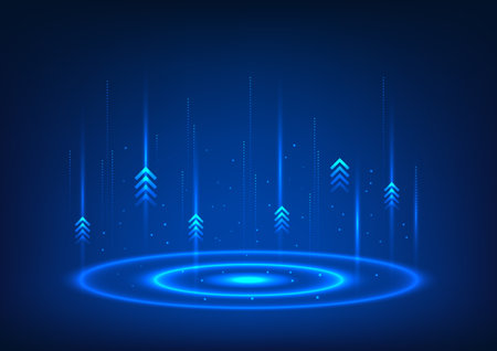 Podium technology background Wave circle light Make the product look fashionable. With arrows, it is more interesting future. Blue podium digital technology product vector illustrationのイラスト素材
