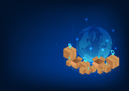 E-commerce business online shopping A world surrounded by boxes with GPS symbols showing how to transport goods around the world. It is an expansion of the business to a large size. Isometric.のイラスト素材