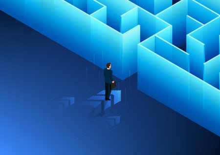 Businessman standing in front of the maze along with arrow Shows the problems faced by businesses that must find solutions in order for the business to grow and survive, isometricのイラスト素材