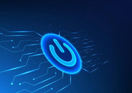 Background technology Smart technology power button connected to the circuit board The light emitted by the button Illustration of technology working system, vector illustrationのイラスト素材