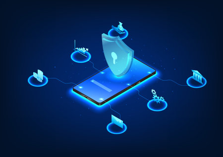 Cybersecurity technology built into smartphones has a security system. Prevent financial information theft Mobile screen as shield connected with financial icons, isometricのイラスト素材