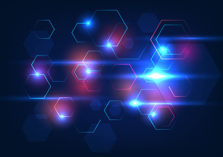 Abstract background technology, hexagonal geometric shapes stacked together with sparkles add dimension, showing the network of technology. vector illustration, brochure, posterのイラスト素材
