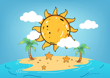 Cartoon vector illustration of the sun in the sky, with clouds casting rays onto a beach dotted with starfish and waves crashing against the shore. artwork  beauty of a sunny day at the beachのイラスト素材