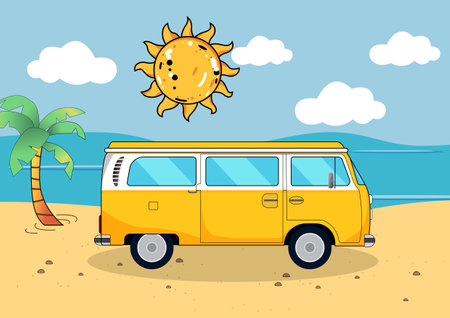 Cartoon vector illustration of a mini van parked on the beach, with a clear blue sky and a shining sun in the background. relaxed atmosphere of a beach day, vacation- designs and family-friendlyのイラスト素材