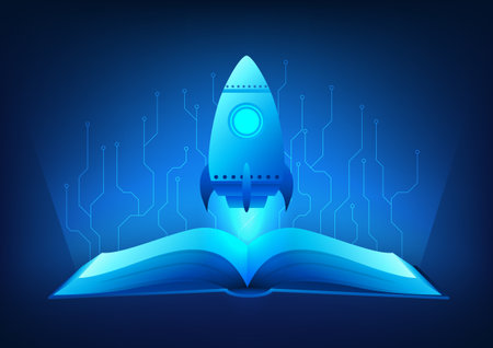Technology Education, Rocket rising from an open book in mid-air, with an electric circuit around it, represents the integration of technology and education, creating knowledge and a limitless future.のイラスト素材