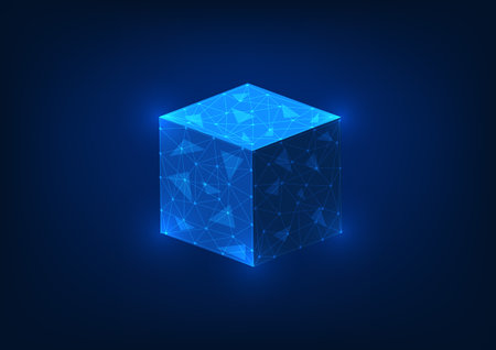Blockchain technology background, square blockchain technology box with connected lines frame,...