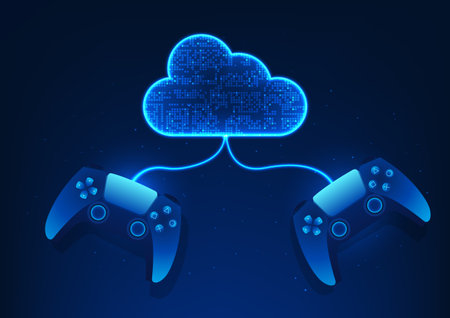 Cloud technology background connected to a gamepad or Cloud Gaming, a technology that allows you to play games through remote servers in the Data Center, is processed through the server.のイラスト素材