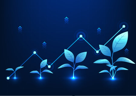 Financial Technology The growth tree behind is a graph, showing the growth of the company's profits, like a tree that gradually grows, growing along with the expansion of the business around the world.のイラスト素材