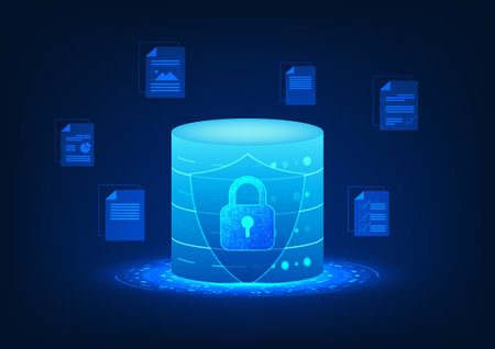 Server technology with lock and shield on the front, showing cyber security. There is a document sheet on the back, conveying data protection and IT server management and information security.のイラスト素材