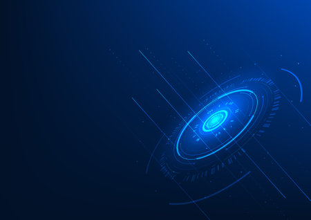 Abstract technology background. Technology circle representing data processing and display within artificial intelligence operating system. Illustration, poster, wallpaper.のイラスト素材