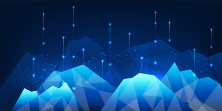 Big Data Technology The upward line from the technology mountain represents the use of technologies to store, process, and analyze, including Big Data, AI, Machine Learning, and Cloud Computing.のイラスト素材