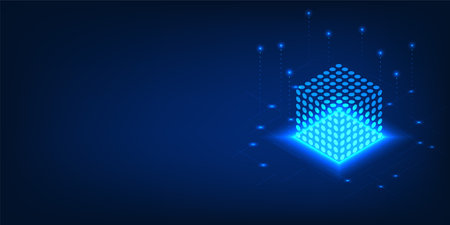 Quantum Computing Technology A light-filled dot box with lines of data that represent quantum computing, which uses the principles of quantum mechanics to process data faster than before.のイラスト素材