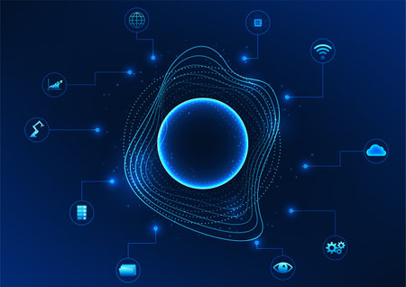 Sound wave in a circle surrounded by an AI icon represents AI technology that can listen and process voice commands to control automatic functions in various systems as a smart device. Businessのイラスト素材