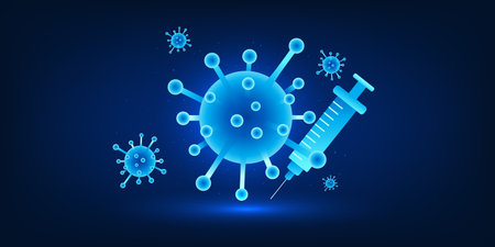 Medical technology, the invention of vaccines against emerging diseases, viruses on the side with a syringe on the side for preventing the spread of diseases that come with the virus and treatment.のイラスト素材