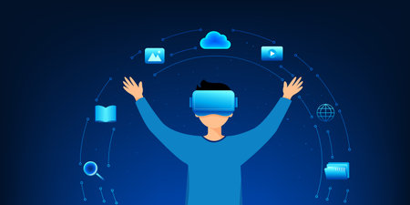 Man wearing VR and AR glasses demonstrates how virtual reality technology works, representing the integration of the digital and real worlds for a cutting-edge user experience.のイラスト素材