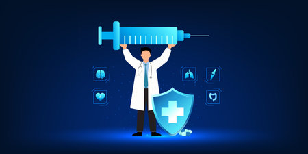 Medical technology, a doctor holding a syringe, represents the invention of medicine to treat patients, leading to the development of new and effective medicines and treatments for emerging diseases.のイラスト素材