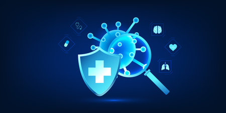 Medical technology, magnifying glasses for viewing viruses, showing the development of vaccines against viruses of the disease, for the prevention of diseases that come with the virus and treatment.のイラスト素材