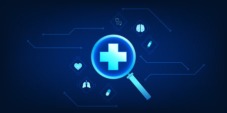 Health care technology Magnifying glass used to view medical icons, showing technology and medicine that helps find new treatment and diagnosis information for patients.のイラスト素材