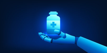 Robot holding a bottle of medicine represents medical technology that uses artificial intelligence to invent medicine to prevent disease and reduce symptoms of illness.のイラスト素材