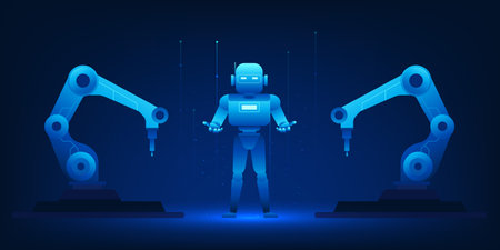 Futuristic vector illustration of an AI-powered factory where robotic arms and high-tech machines assemble humanoid robots. The concept shows artificial intelligence creating intelligent machinesのイラスト素材