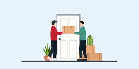 Vector illustration of a delivery man handing a parcel to an online shopper in front of their home. Concept of e-commerce, express delivery, online shopping convenience, and customer satisfactionのイラスト素材