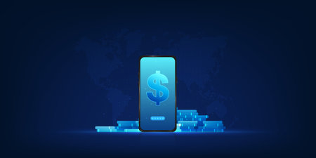 Mobile phone with a digital coin and world map background, symbolizing global financial transactions, digital payment systems, and worldwide fintech connectivity through the internetのイラスト素材