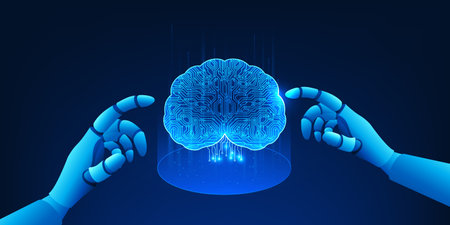 AI robotic hand creating a digital brain, symbolizing the development of artificial intelligence,...