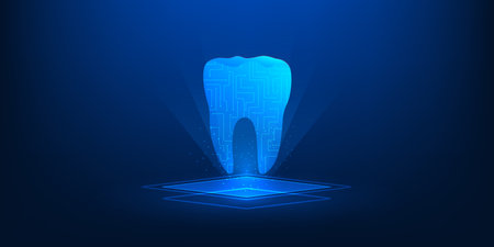 Medical Technology, Dental Holographic Tooth Scan, Oral Health Innovation, Futuristic Medical Tech, AI Dentistry Vector Illustrationのイラスト素材