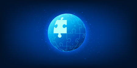 Puzzle Technology Background with Puzzle Inside Glowing Circle, Teamwork Integration Concept, Digital Collaboration, Futuristic Business Connectionのイラスト素材