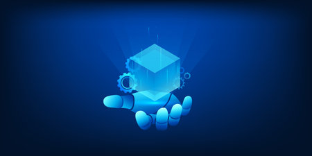 Artificial Intelligence and Blockchain Technology Concept, Robot Hand Holding Digital Data Block, AI...