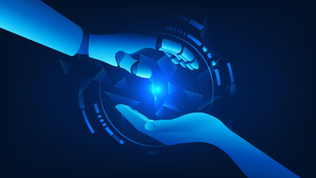 Digital twin technology background a robotic arm mirrored with a human hand, representing simulation, human-AI collaboration, smart automation, precision control, and advanced industrial innovation.のイラスト素材