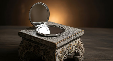 Mirror on a wooden stand in the dark. 3d renderingの素材