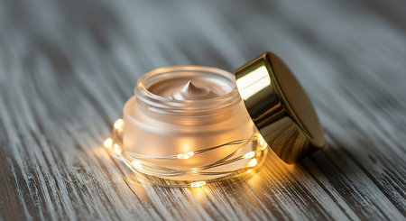 Luxe cosmetics, anti-age moisturizer and organic skincare concept - Beauty face cream jar with led lights on wooden backgroundの素材