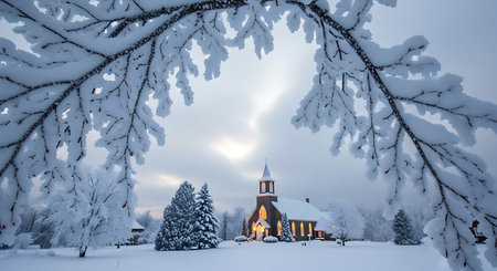 Winter church in the forest. Winter landscape. Christmas and New Year concept.の素材