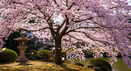 Cherry blossoms in full bloom in a Japanese garden, Tokyo, Japanの素材
